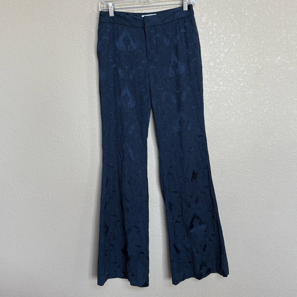 By Anthropologie Damask Jacquard Flare Pants Navy‎ Blue Wide Leg Women’s 2 Long